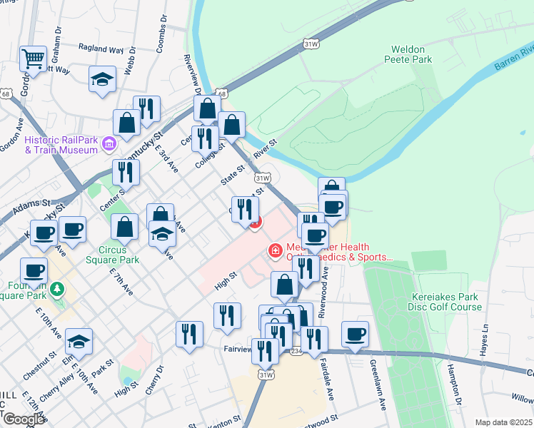 map of restaurants, bars, coffee shops, grocery stores, and more near 119 Park Street in Bowling Green
