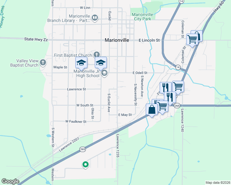 map of restaurants, bars, coffee shops, grocery stores, and more near 503 South Central Avenue in Marionville