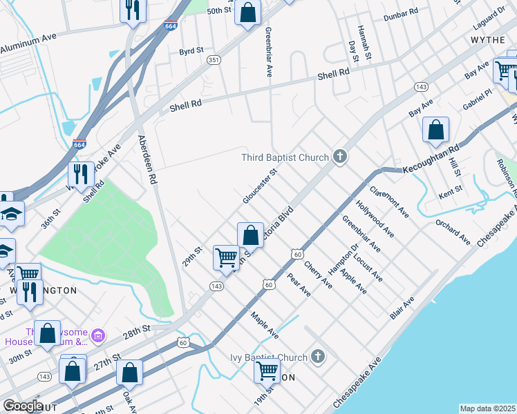 map of restaurants, bars, coffee shops, grocery stores, and more near 378 Merrimac Avenue in Hampton