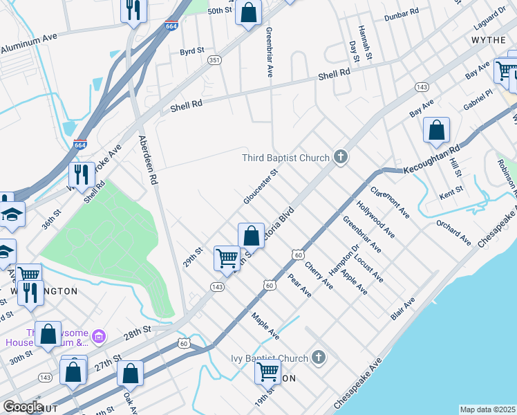 map of restaurants, bars, coffee shops, grocery stores, and more near 378 Merrimac Avenue in Hampton