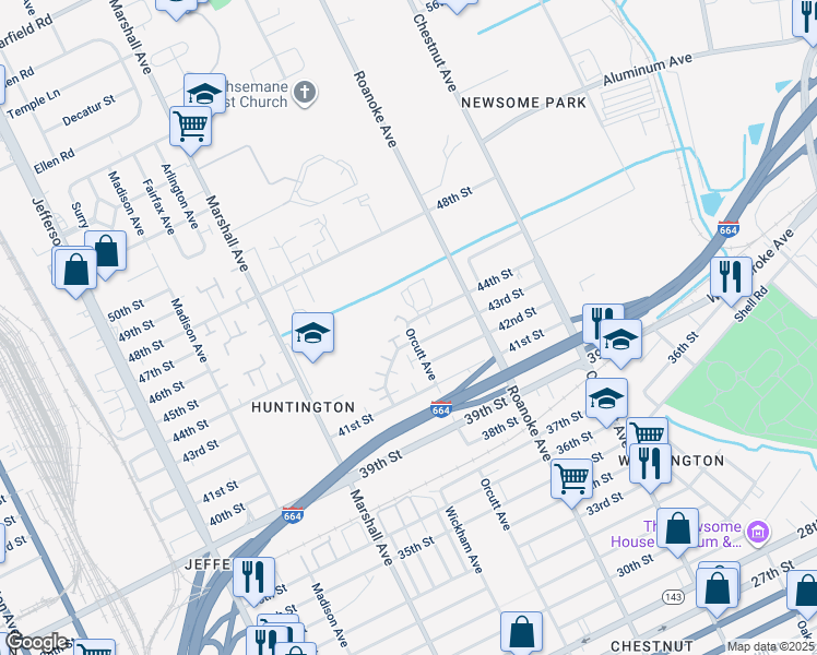 map of restaurants, bars, coffee shops, grocery stores, and more near 4503 Orcutt Avenue in Newport News