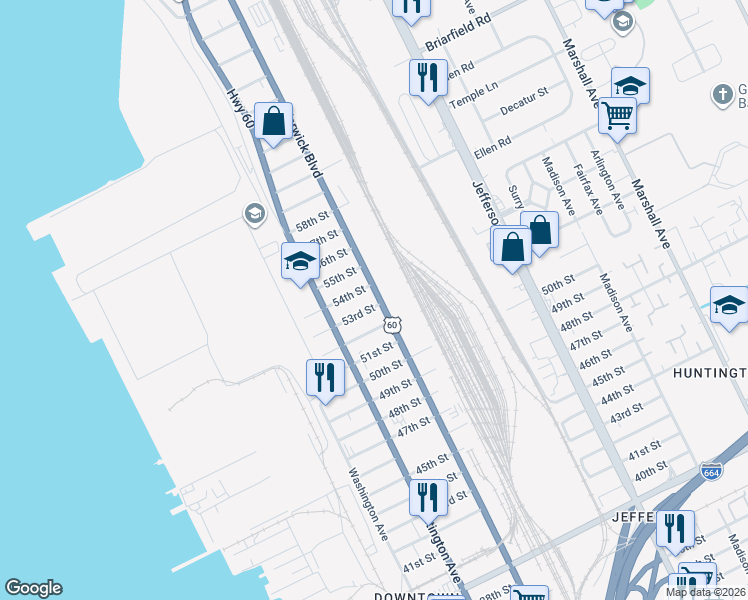map of restaurants, bars, coffee shops, grocery stores, and more near 334 54th Street in Newport News