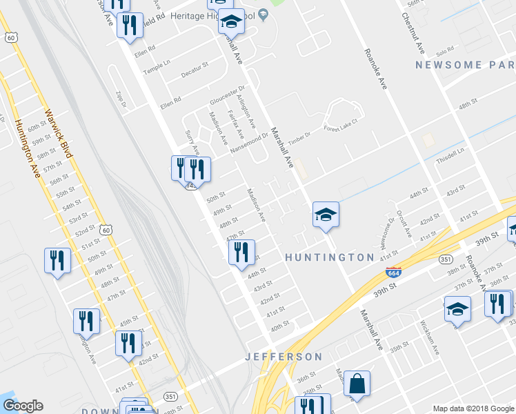 map of restaurants, bars, coffee shops, grocery stores, and more near 4804 Madison Avenue in Newport News