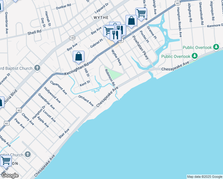 map of restaurants, bars, coffee shops, grocery stores, and more near 1615 Chesapeake Avenue in Hampton
