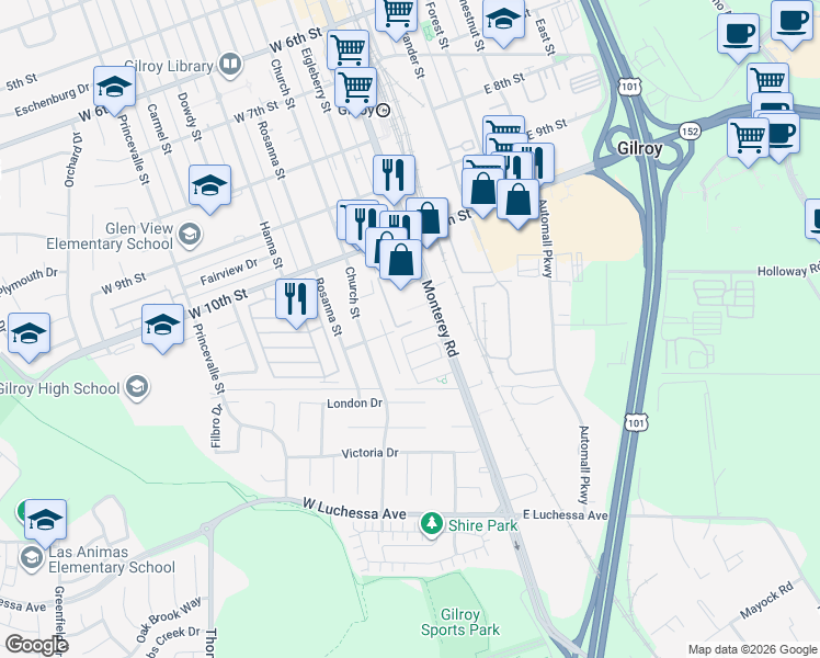 map of restaurants, bars, coffee shops, grocery stores, and more near 45 Angra Way in Gilroy