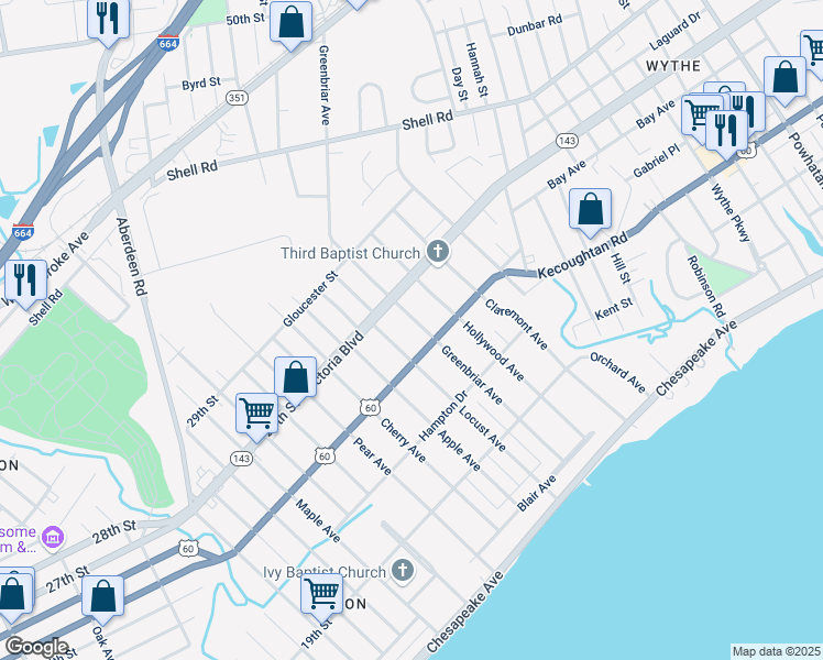 map of restaurants, bars, coffee shops, grocery stores, and more near 317 Greenbriar Avenue in Hampton