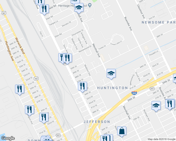 map of restaurants, bars, coffee shops, grocery stores, and more near 4806 Madison Avenue in Newport News