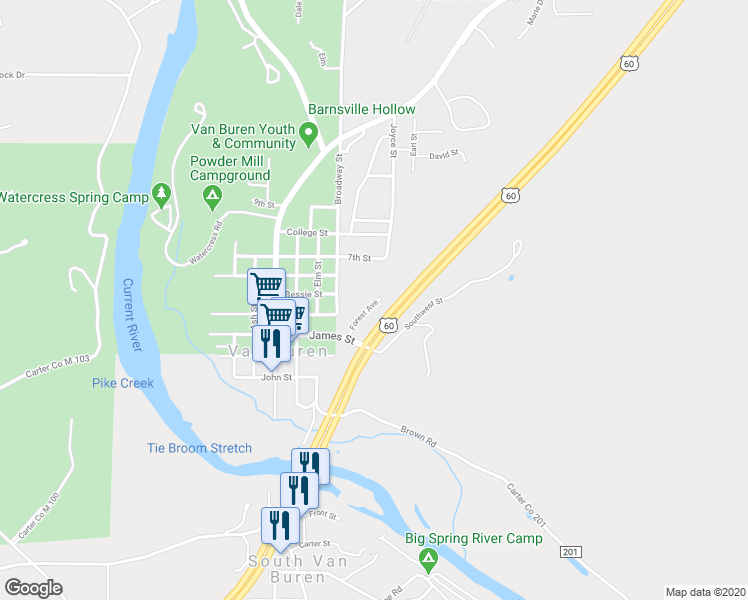 map of restaurants, bars, coffee shops, grocery stores, and more near 60 James Street in Van Buren