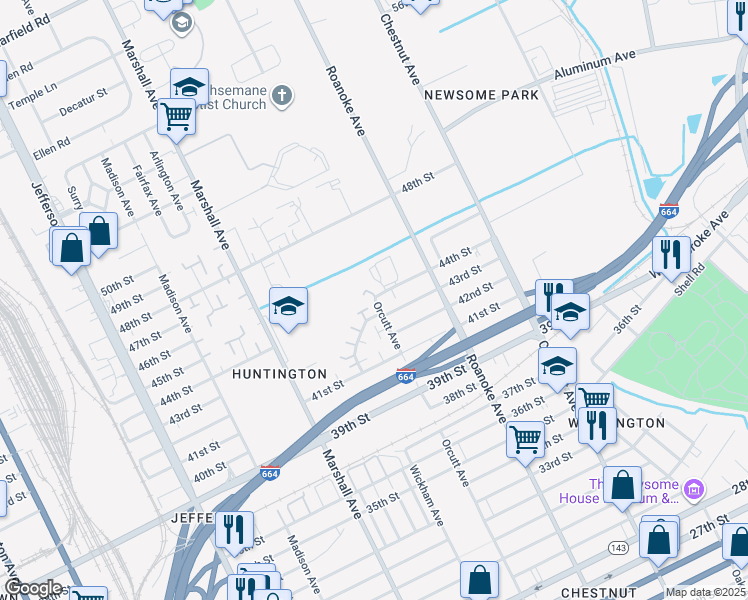 map of restaurants, bars, coffee shops, grocery stores, and more near 4527 Orcutt Avenue in Newport News