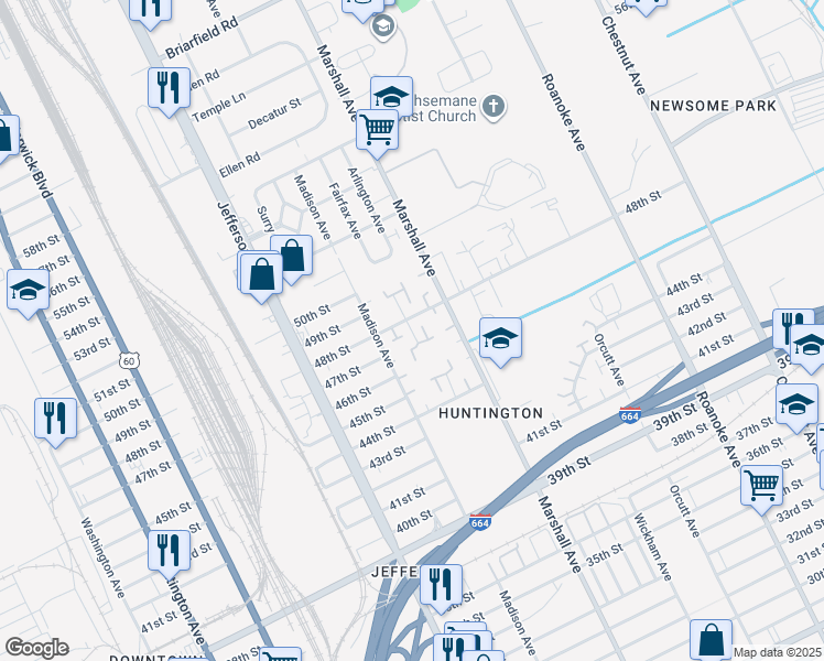 map of restaurants, bars, coffee shops, grocery stores, and more near 4706 Rochester Court in Newport News