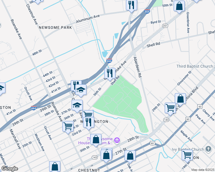 map of restaurants, bars, coffee shops, grocery stores, and more near 507 Shell Road in Hampton