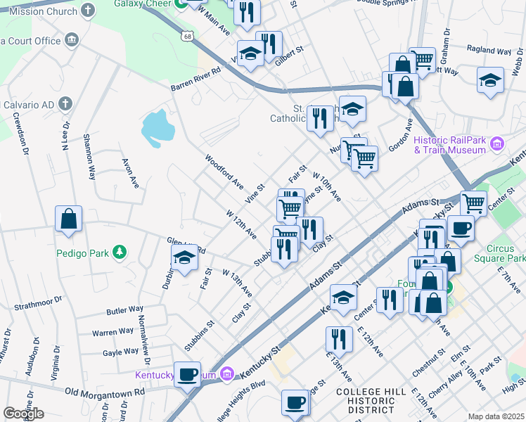 map of restaurants, bars, coffee shops, grocery stores, and more near 415 Woodford Avenue in Bowling Green