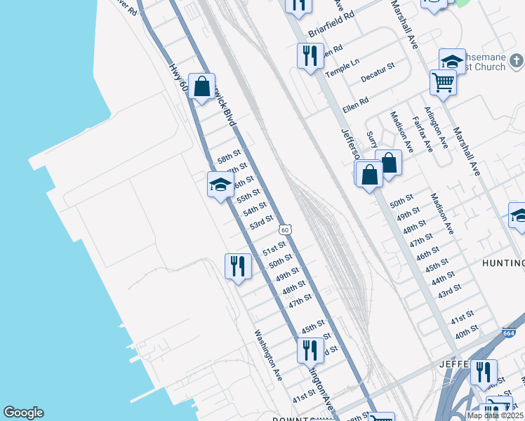 map of restaurants, bars, coffee shops, grocery stores, and more near 334 54th Street in Newport News