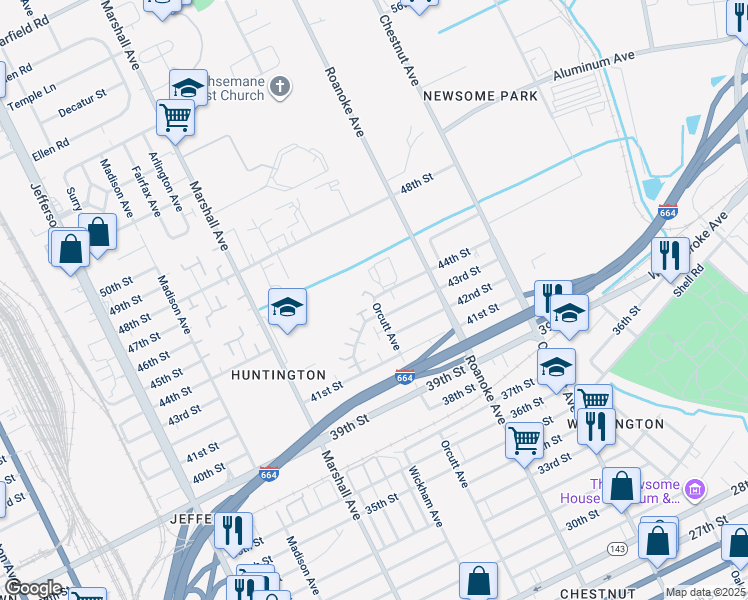 map of restaurants, bars, coffee shops, grocery stores, and more near 4537 Orcutt Avenue in Newport News
