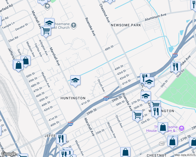 map of restaurants, bars, coffee shops, grocery stores, and more near 4539 Orcutt Avenue in Newport News