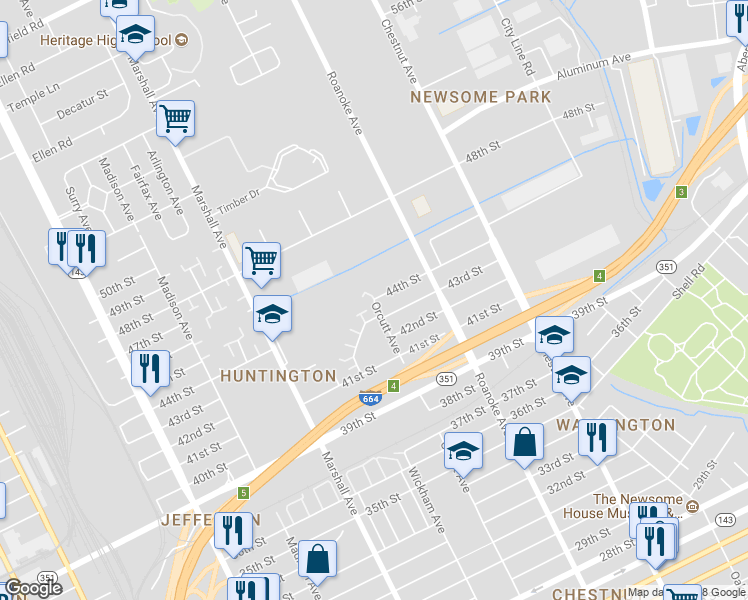 map of restaurants, bars, coffee shops, grocery stores, and more near 4541 Orcutt Avenue in Newport News