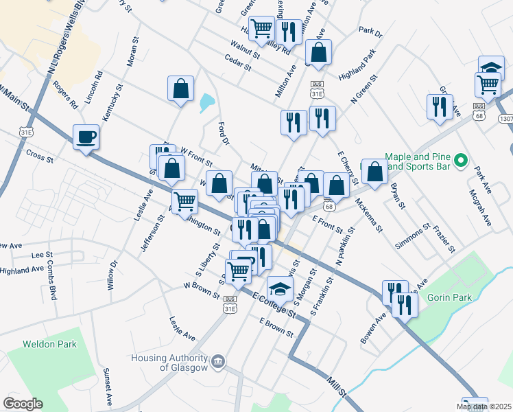 map of restaurants, bars, coffee shops, grocery stores, and more near 207 North Race Street in Glasgow