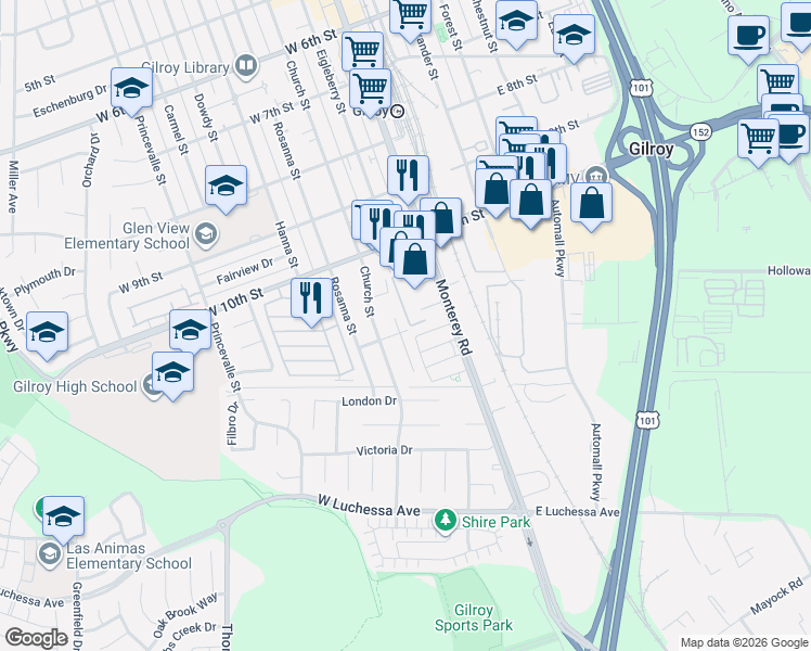 map of restaurants, bars, coffee shops, grocery stores, and more near 6851 Monterey Road in Gilroy