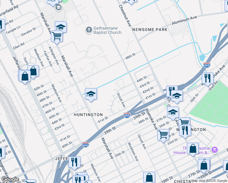map of restaurants, bars, coffee shops, grocery stores, and more near 4547 Orcutt Avenue in Newport News