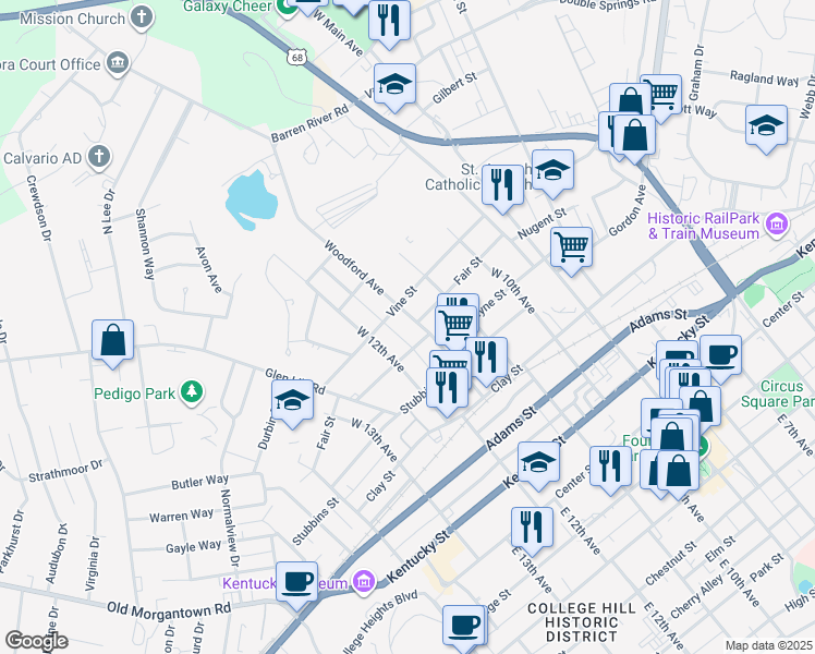map of restaurants, bars, coffee shops, grocery stores, and more near 319 Woodford Avenue in Bowling Green