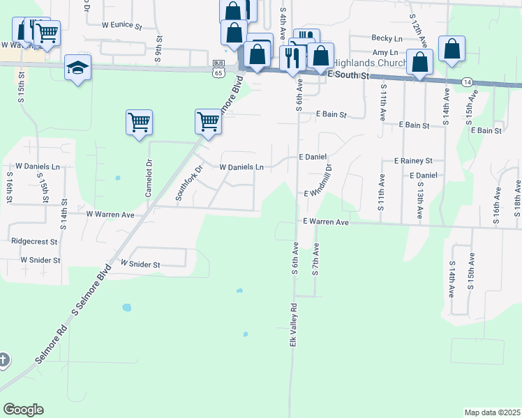 map of restaurants, bars, coffee shops, grocery stores, and more near 2106 Denny Street in Ozark