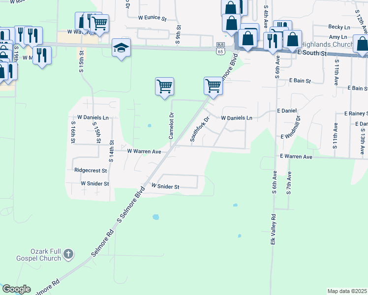 map of restaurants, bars, coffee shops, grocery stores, and more near 610 West Warren Avenue in Ozark