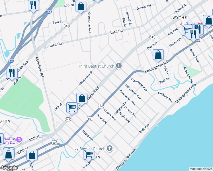 map of restaurants, bars, coffee shops, grocery stores, and more near 330 Locust Avenue in Hampton