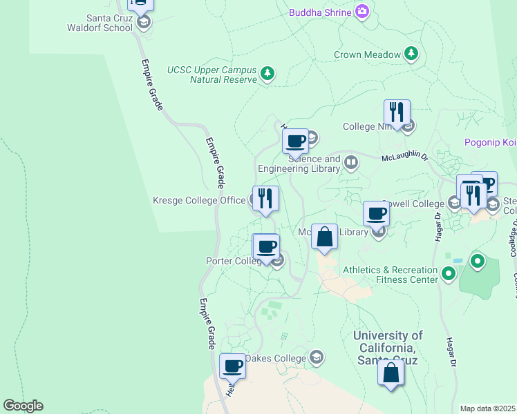 map of restaurants, bars, coffee shops, grocery stores, and more near 510 Porter-Kresge Road in Santa Cruz