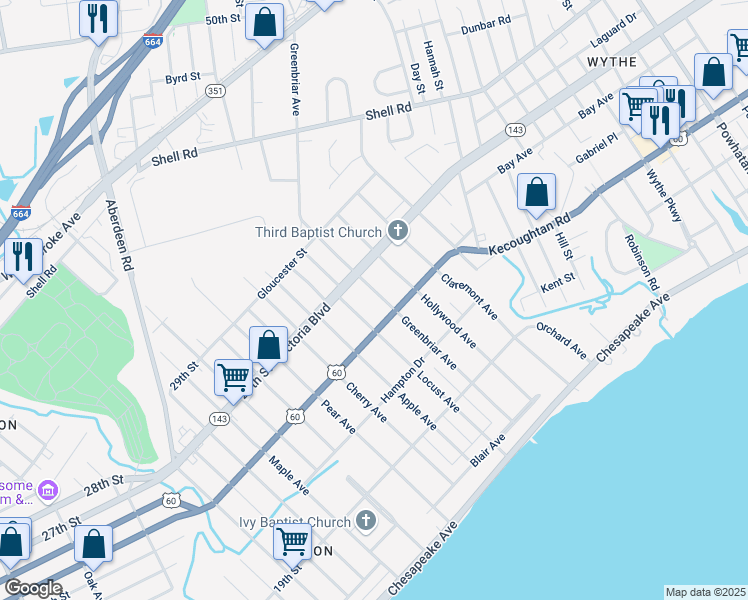 map of restaurants, bars, coffee shops, grocery stores, and more near 317 Greenbriar Avenue in Hampton