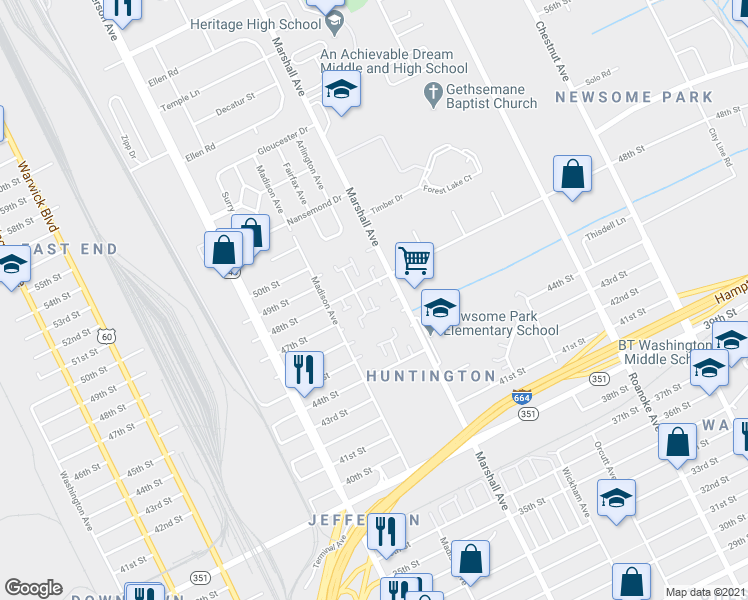 map of restaurants, bars, coffee shops, grocery stores, and more near 4725 Marshall Avenue in Newport News