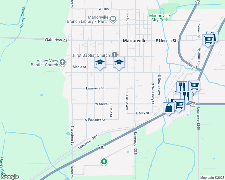 map of restaurants, bars, coffee shops, grocery stores, and more near 304 Lawrence Street in Marionville