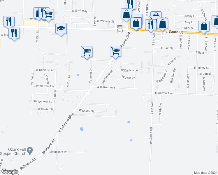 map of restaurants, bars, coffee shops, grocery stores, and more near 505 West Warren Avenue in Ozark