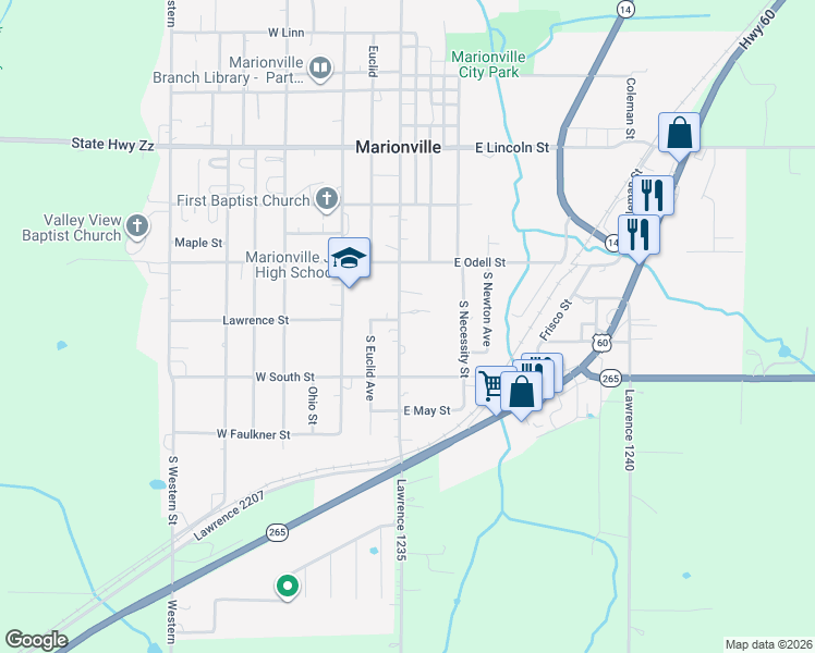 map of restaurants, bars, coffee shops, grocery stores, and more near 503 South Central Avenue in Marionville