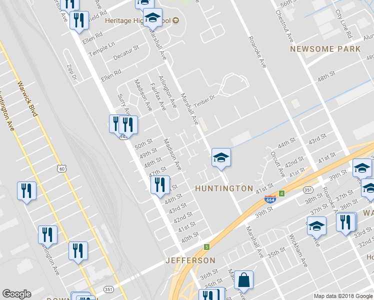 map of restaurants, bars, coffee shops, grocery stores, and more near 4703 Rochester Court in Newport News
