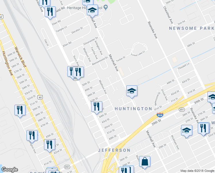 map of restaurants, bars, coffee shops, grocery stores, and more near 730 48th Street in Newport News