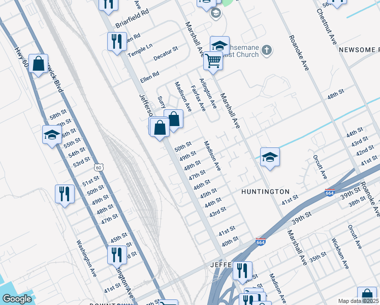 map of restaurants, bars, coffee shops, grocery stores, and more near 643 49th Street in Newport News