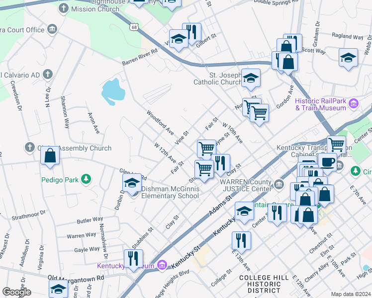 map of restaurants, bars, coffee shops, grocery stores, and more near 319 Woodford Avenue in Bowling Green