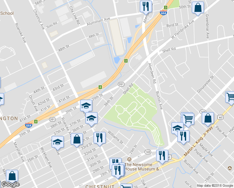 map of restaurants, bars, coffee shops, grocery stores, and more near 1432 36th Street in Newport News