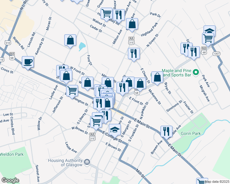 map of restaurants, bars, coffee shops, grocery stores, and more near 100 West Front Street in Glasgow