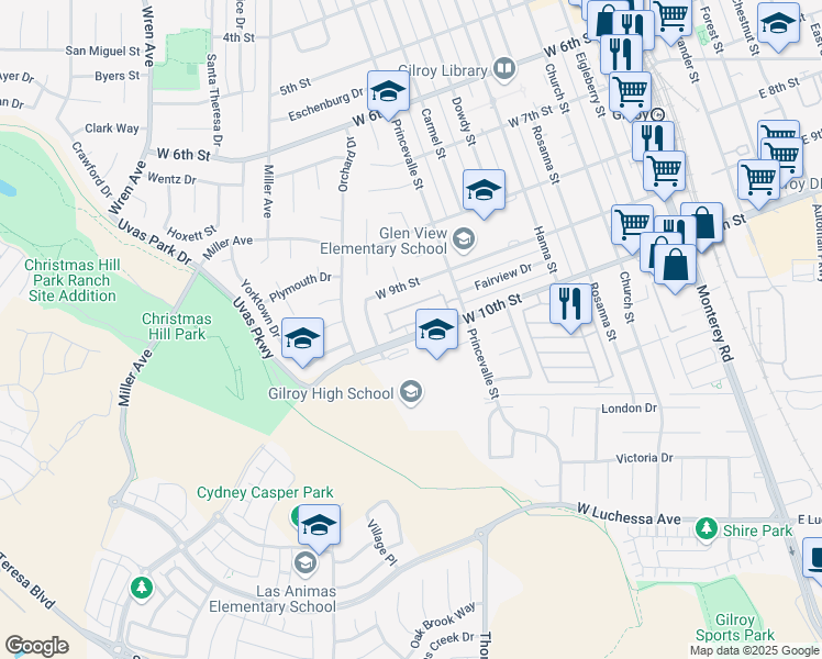 map of restaurants, bars, coffee shops, grocery stores, and more near 758 Gettysburg Way in Gilroy