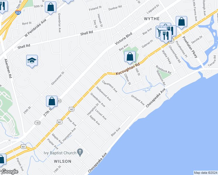 map of restaurants, bars, coffee shops, grocery stores, and more near 211 Claremont Avenue in Hampton