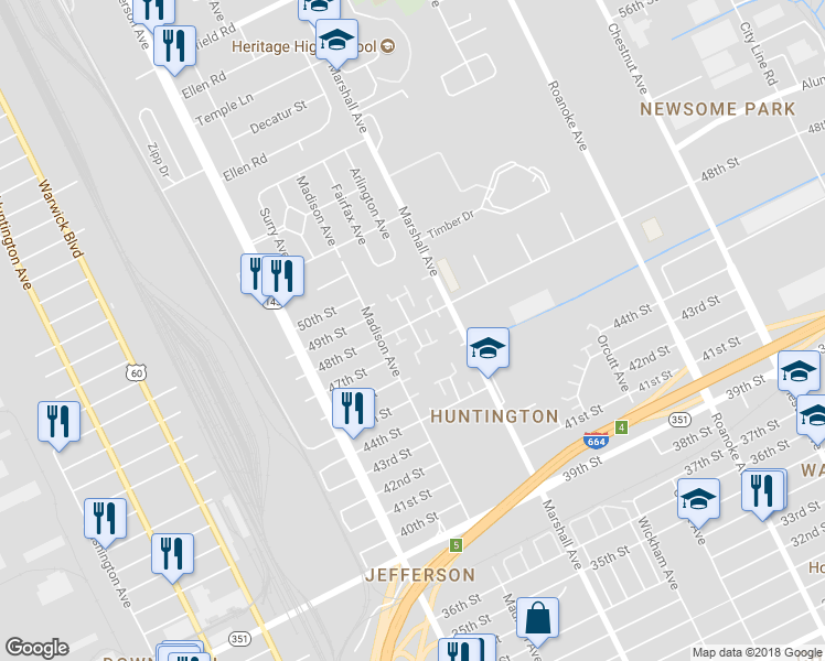 map of restaurants, bars, coffee shops, grocery stores, and more near 4717 Rochester Court in Newport News