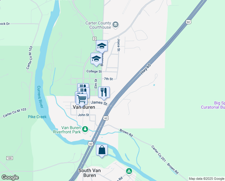 map of restaurants, bars, coffee shops, grocery stores, and more near 501 Broadway Street in Van Buren