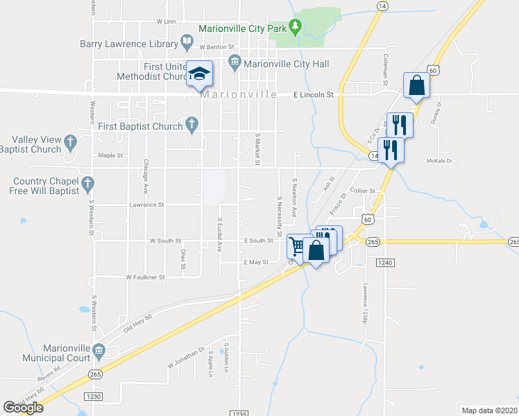map of restaurants, bars, coffee shops, grocery stores, and more near 104 East Lawrence Street in Marionville