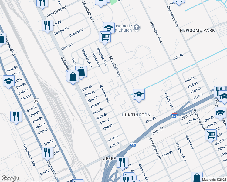 map of restaurants, bars, coffee shops, grocery stores, and more near 4721 Rochester Court in Newport News