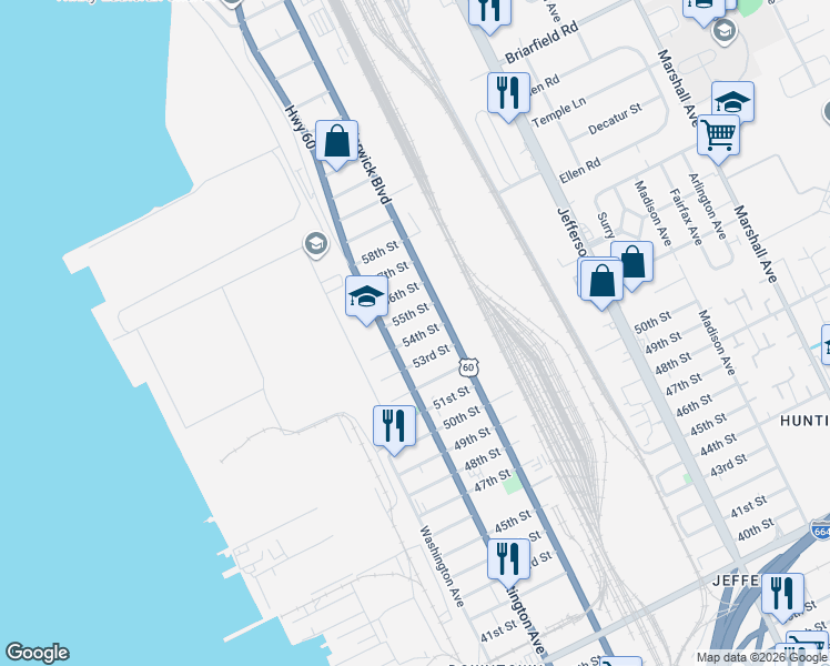 map of restaurants, bars, coffee shops, grocery stores, and more near 334 54th Street in Newport News