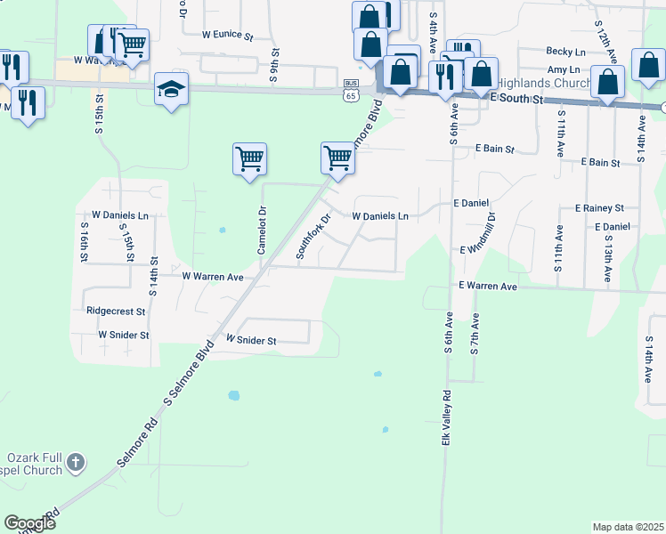 map of restaurants, bars, coffee shops, grocery stores, and more near 500 West Warren Avenue in Ozark