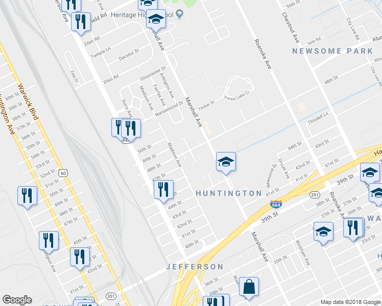 map of restaurants, bars, coffee shops, grocery stores, and more near 4725 Rochester Court in Newport News