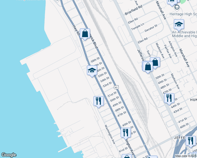 map of restaurants, bars, coffee shops, grocery stores, and more near 5408 Huntington Avenue in Newport News
