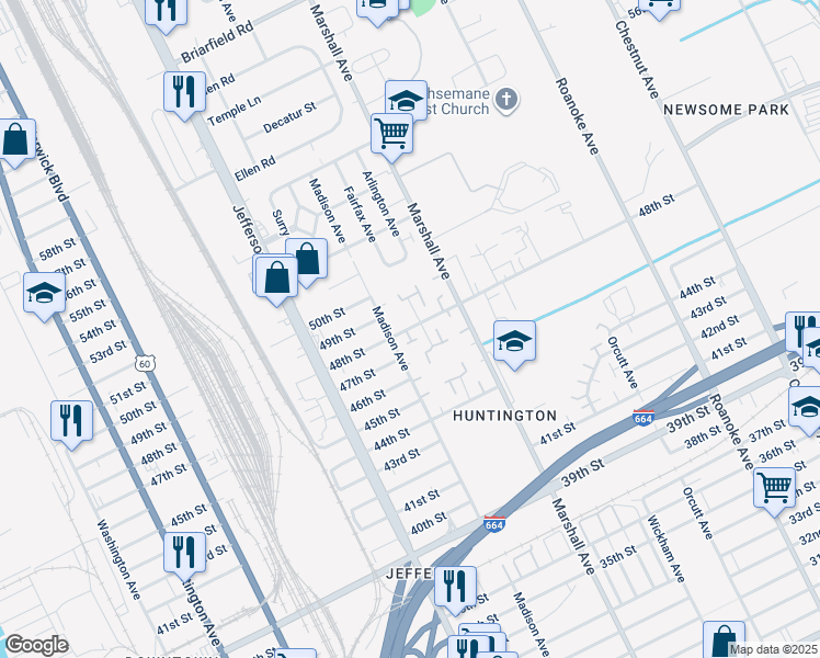map of restaurants, bars, coffee shops, grocery stores, and more near 738 48th Street in Newport News